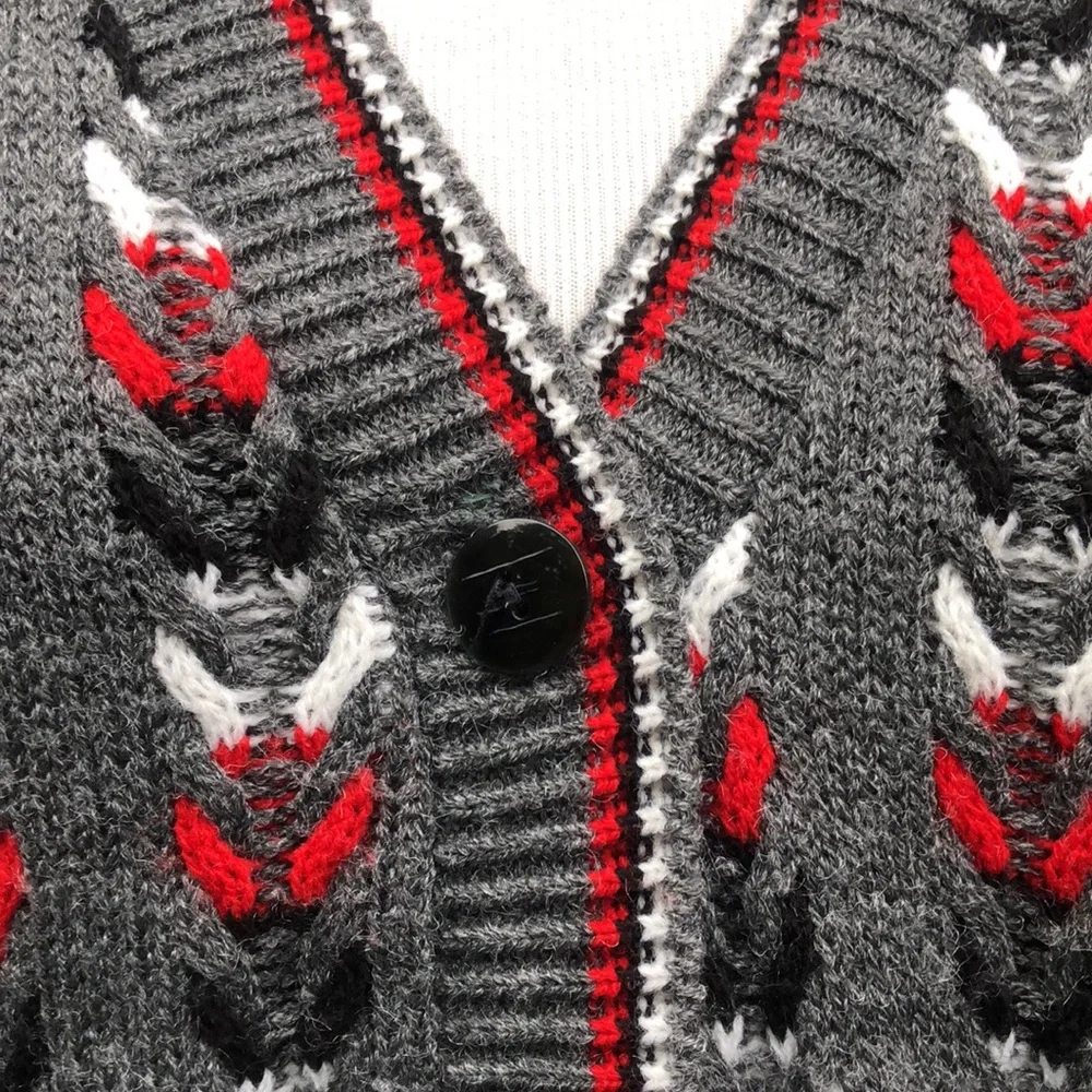 Amana Colonies Gray Red Black Grandma Chic Button Front Sweater size L/XL